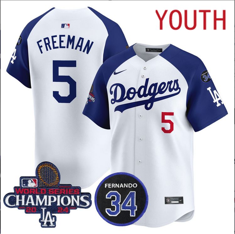 Youth MLB Los Angeles Dodgers #5 Freeman white 2024 World Series Champions Patch Limited Jersey style 2->youth mlb jersey->Youth Jersey